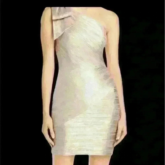 NWT- Aqua Formal Beige Zippered Shoulder Bow Sleeveless Asymmetrical Dress - Picture 1 of 7